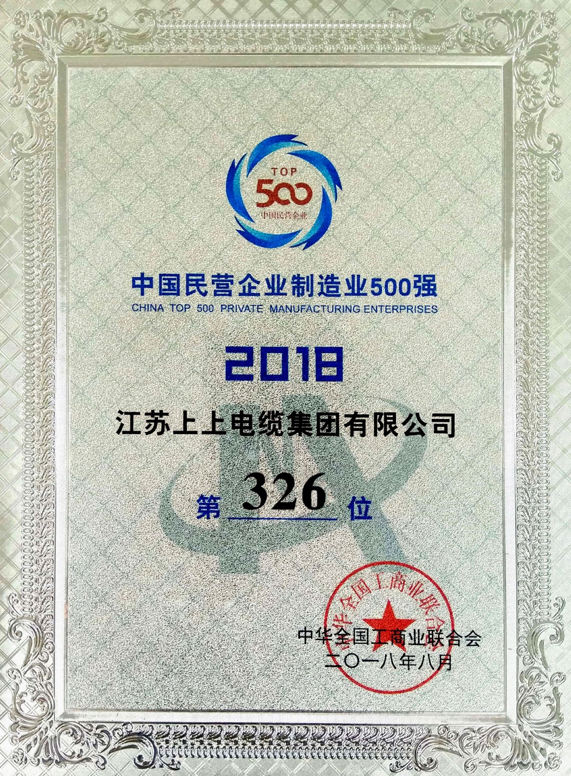 凯发k8电缆一连八年入围中国民营企业制造业500强