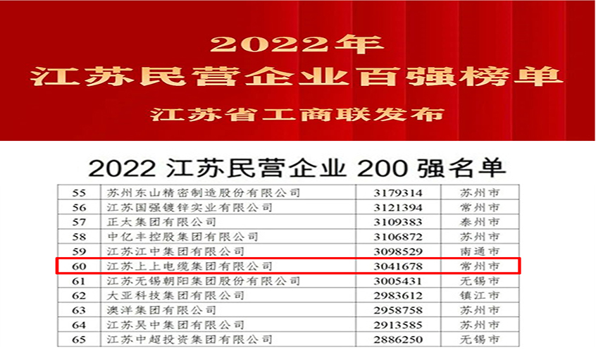 凯发k8电缆荣登2022年江苏民企百强三大榜单